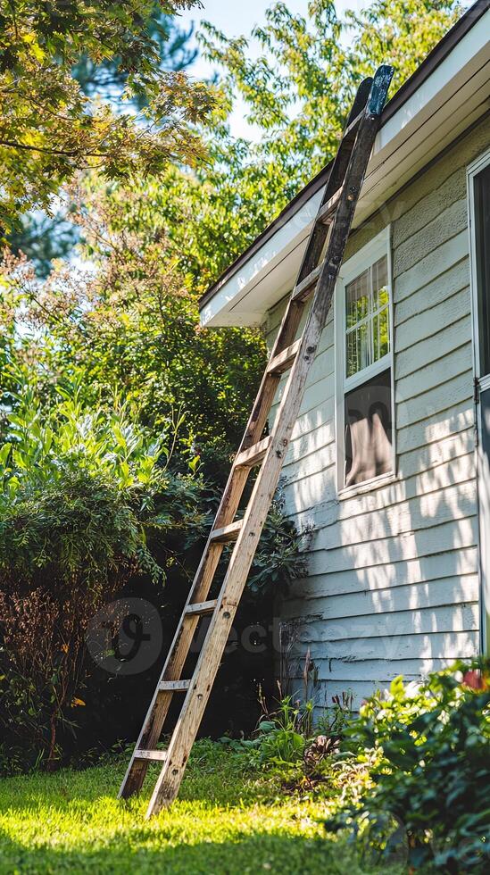 Wooden Ladder Leaning Against House Exterior photo