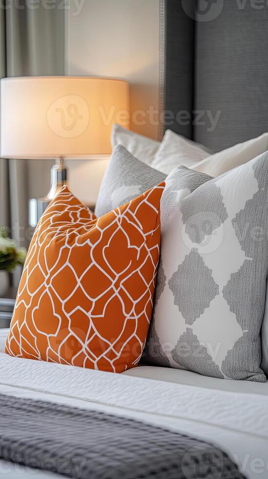 Stylish Bedroom with Cozy Pillows and Warm Decor photo
