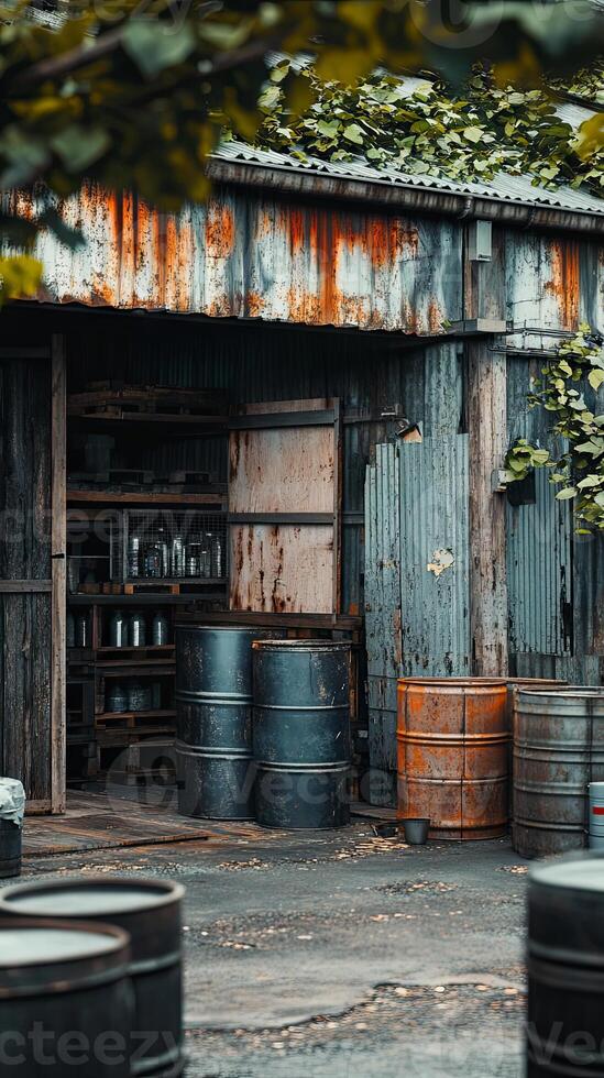 Rusty Industrial Warehouse with Barrels photo