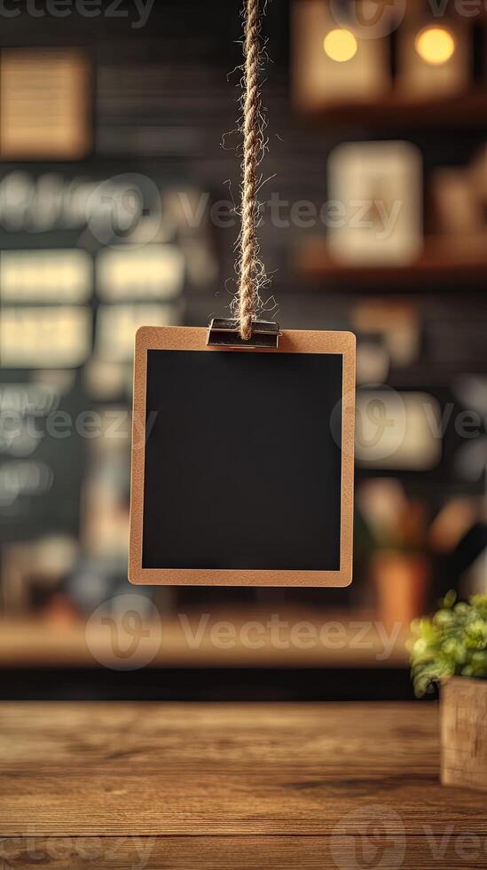 Empty Hanging Blackboard in a Rustic Cafe photo