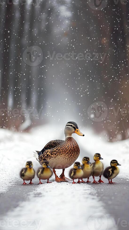 Mother Duck and Ducklings in Winter Snow photo