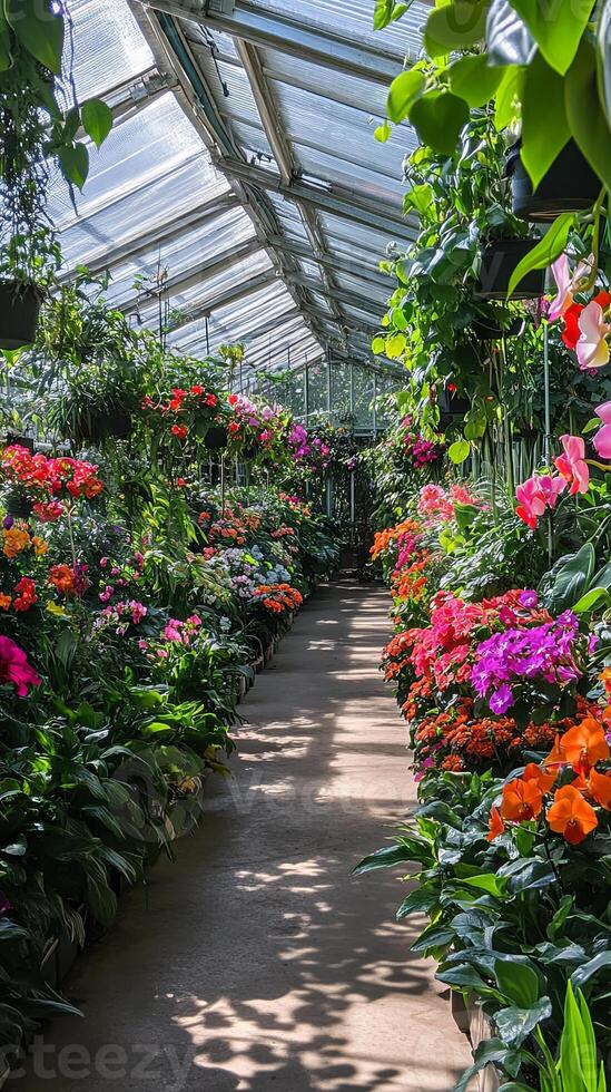 Greenhouse Garden with Vibrant Flowers and Plants photo