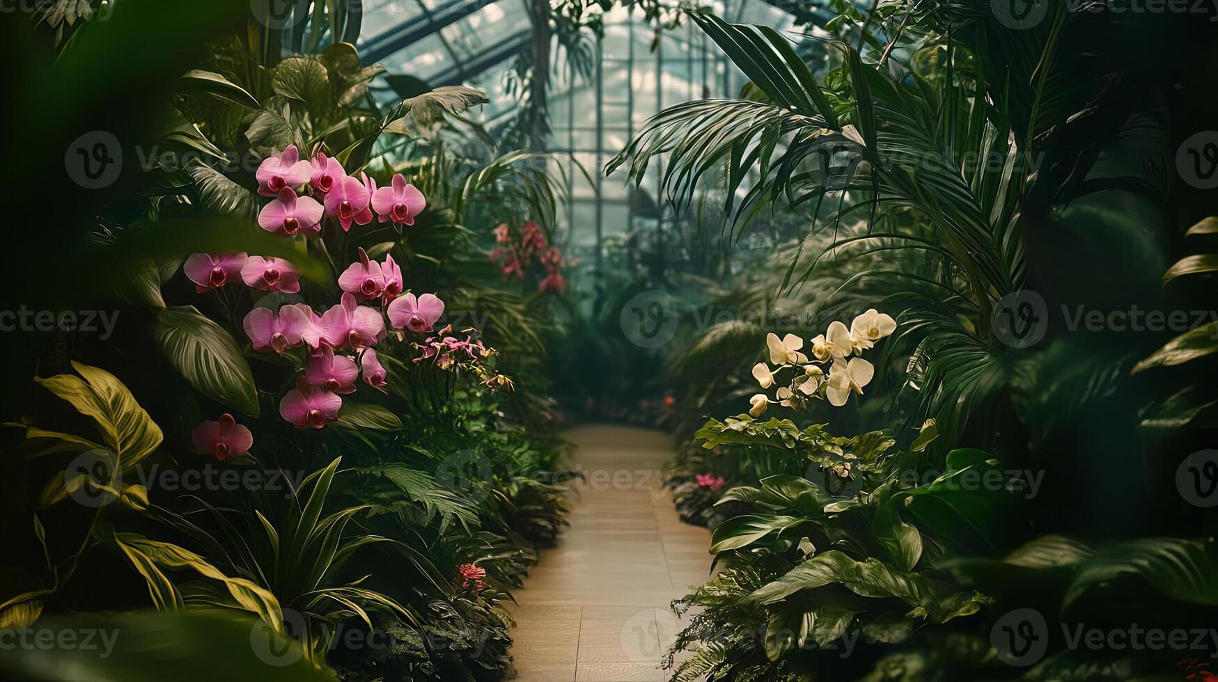 Serene Greenhouse Pathway with Orchids photo