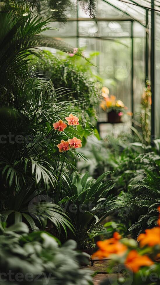 Greenhouse Garden Filled with Vibrant Orchids and Lush Plants photo