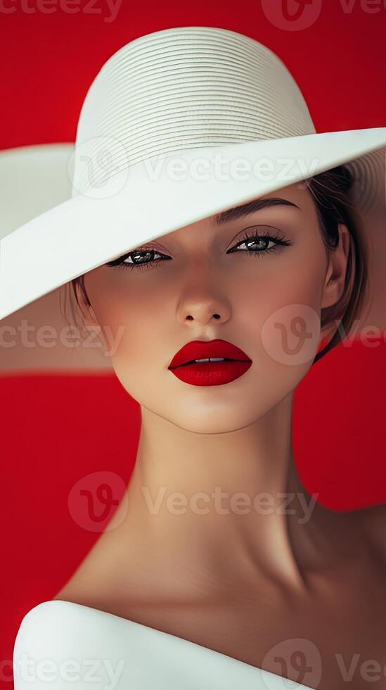 Beautiful woman with vivid red lips and a stylish straw hat photo