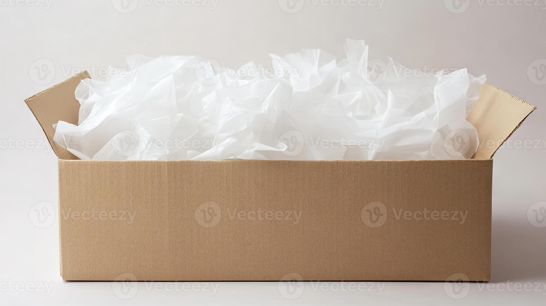 A cardboard box, empty and filled with white tissue paper photo