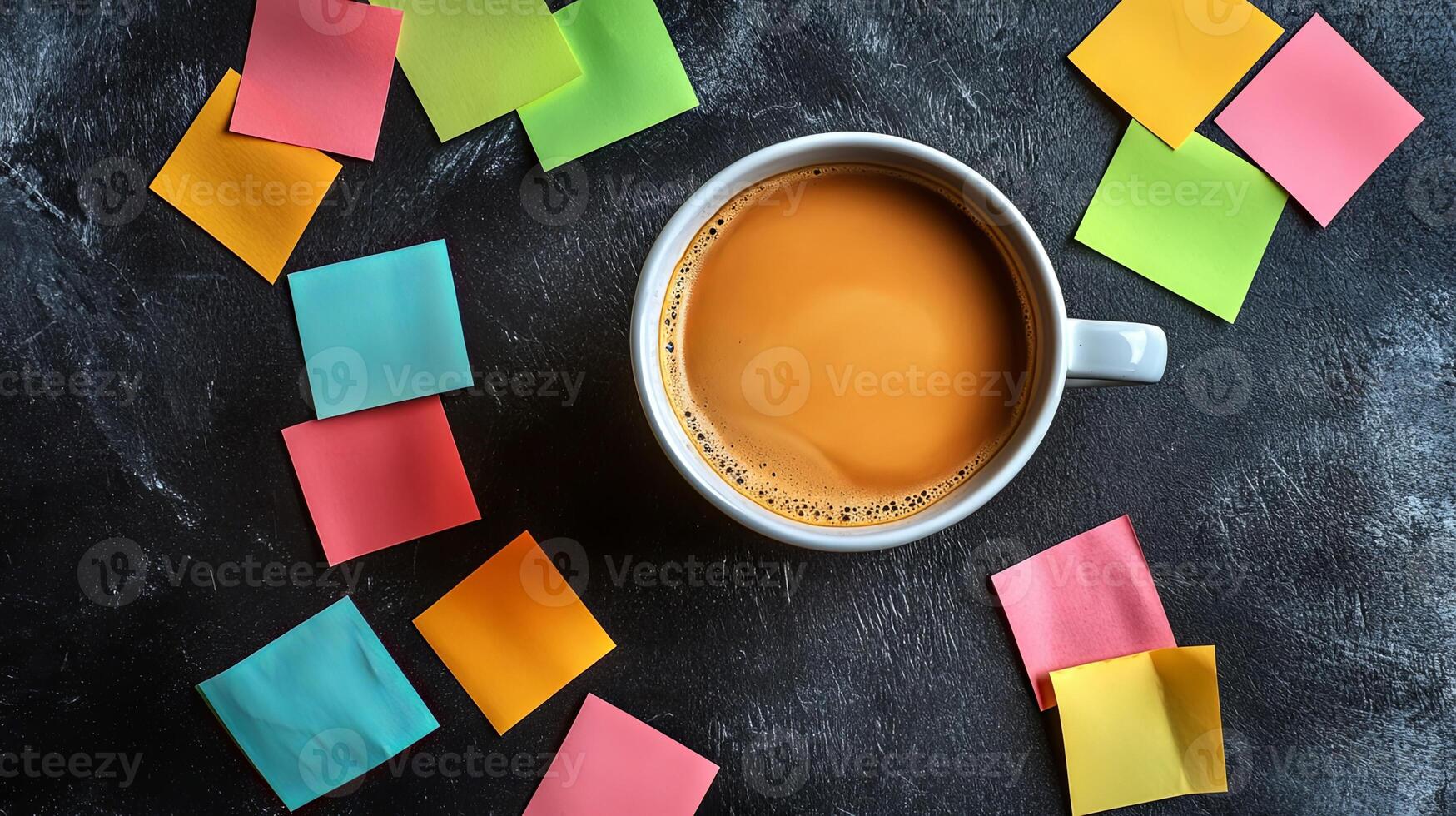 Colorful Sticky Notes and a Cup of Coffee on a Dark Surface photo