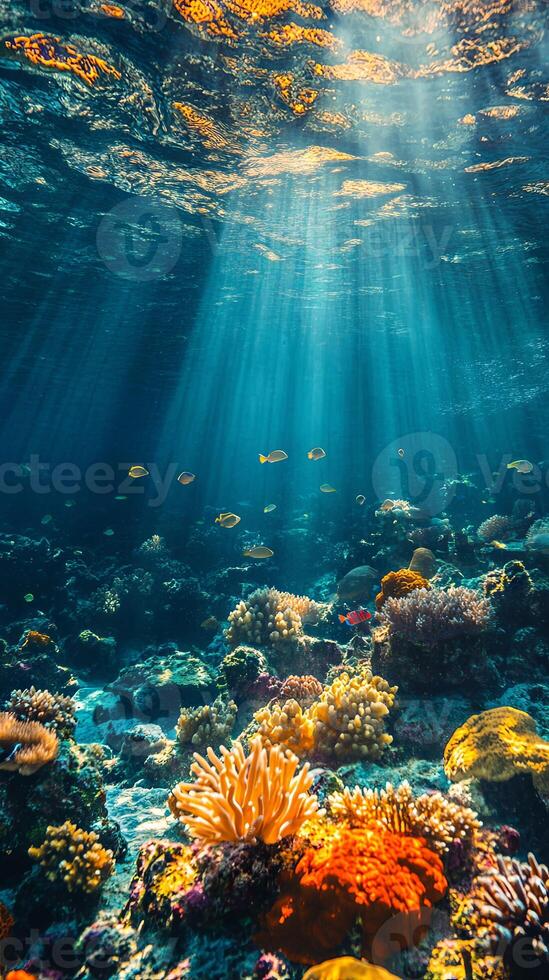 A mesmerizing coral reef underwater, bathed in sunlight photo