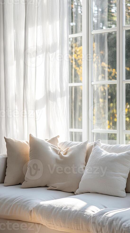 Cozy Living Room with Sunlight Streaming Through Large Windows photo