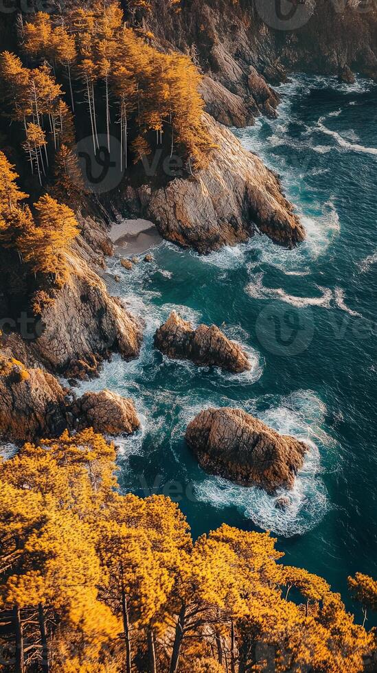 Coastal Autumn Scenery Golden Trees, Rocky Cliffs, and Azure Ocean photo