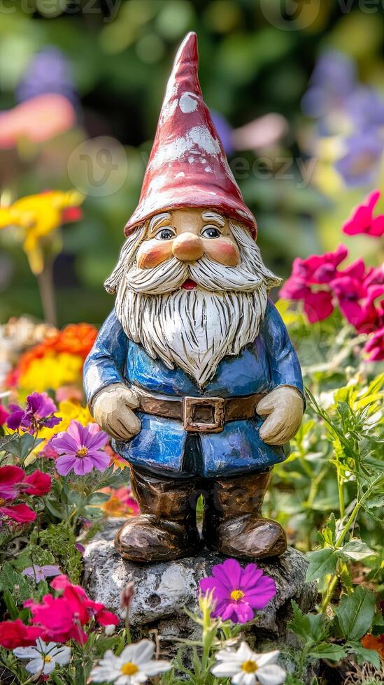 Charming Garden Gnome Statue in Vibrant Flowers photo