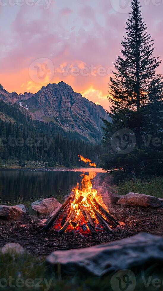 Serene Mountain Sunset Campfire by the Lake photo