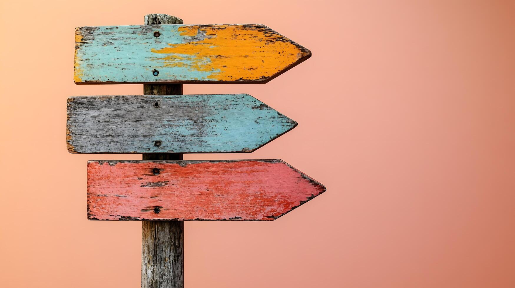 Rustic wooden direction signs in orange, red, and gray colors on weathered pole, photographed against light peach background in minimalist modern composition. photo