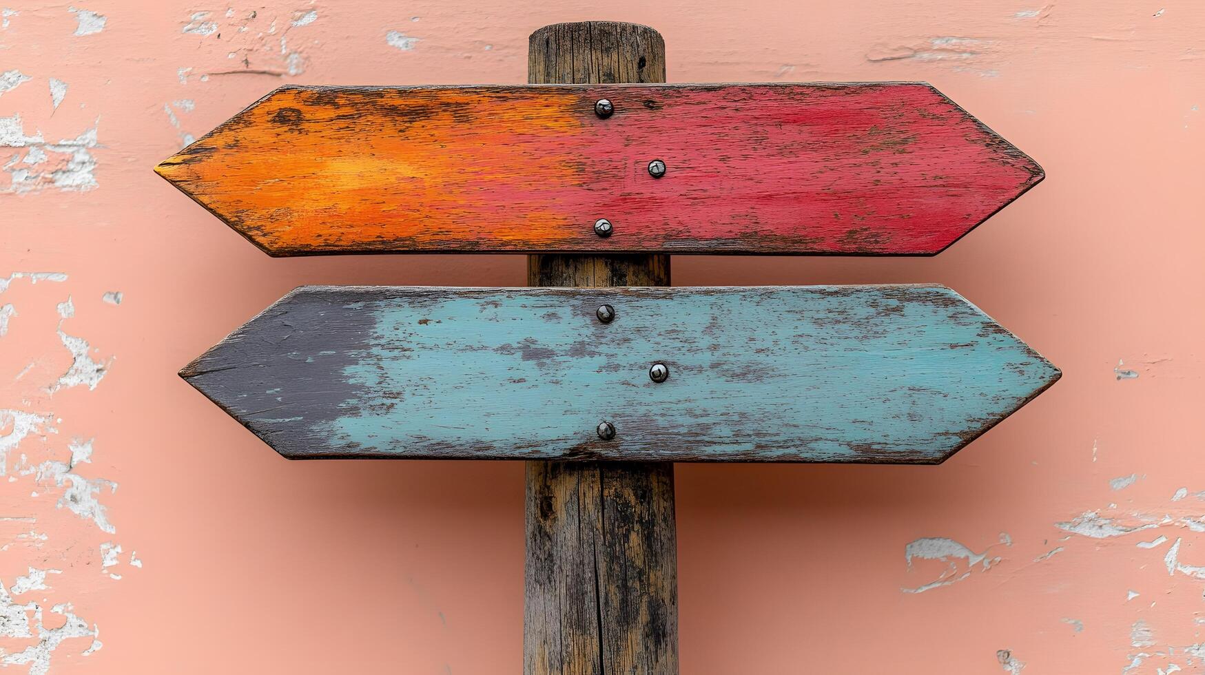 Rustic wooden direction signs in orange, red, and gray colors mounted on pole, photographed against light peach background in minimalist modern composition. photo