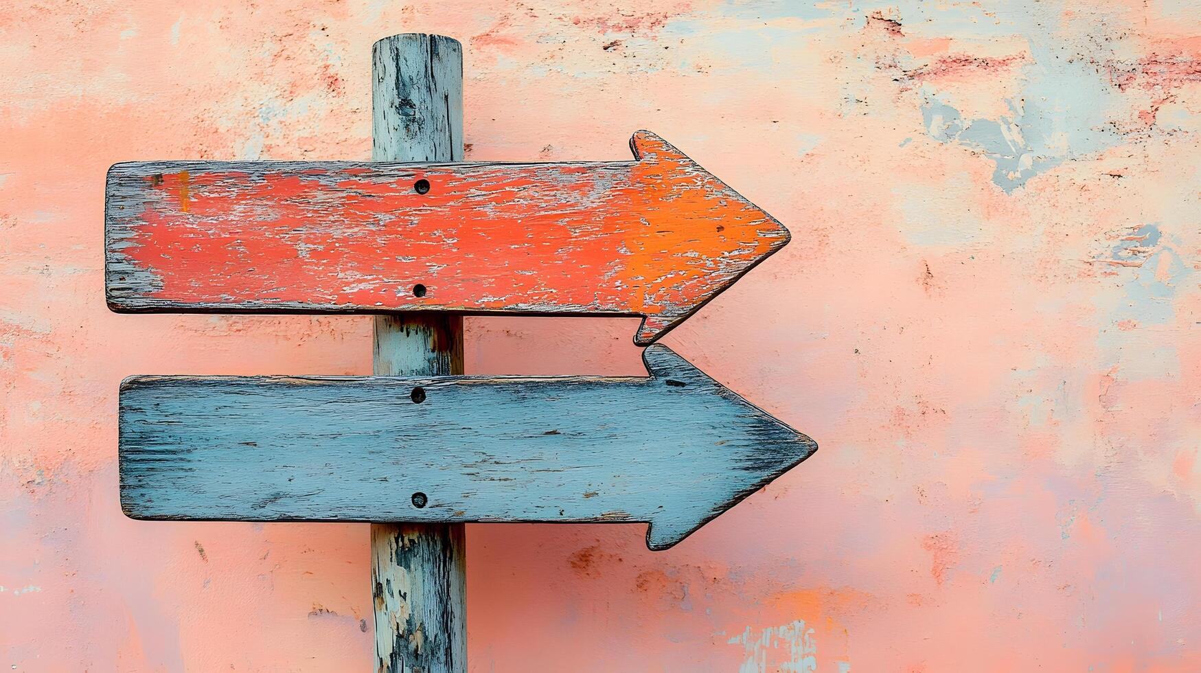 Rustic wooden direction signs in orange, red, and gray colors mounted on weathered pole, photographed against light peach background in modern composition. photo