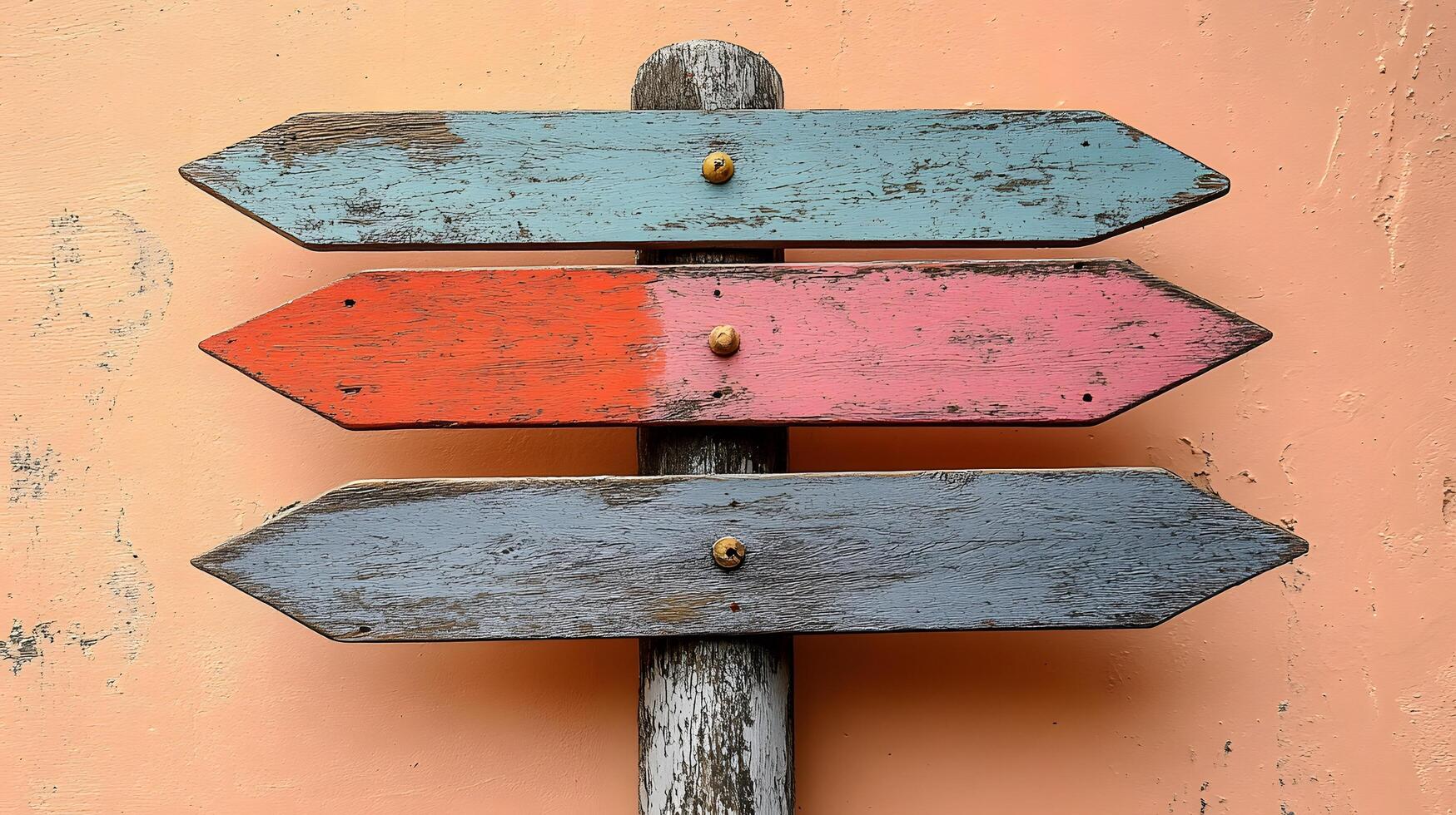 Rustic wooden direction signs in orange, red, and gray colors mounted on weathered pole, photographed against light peach background in modern. photo