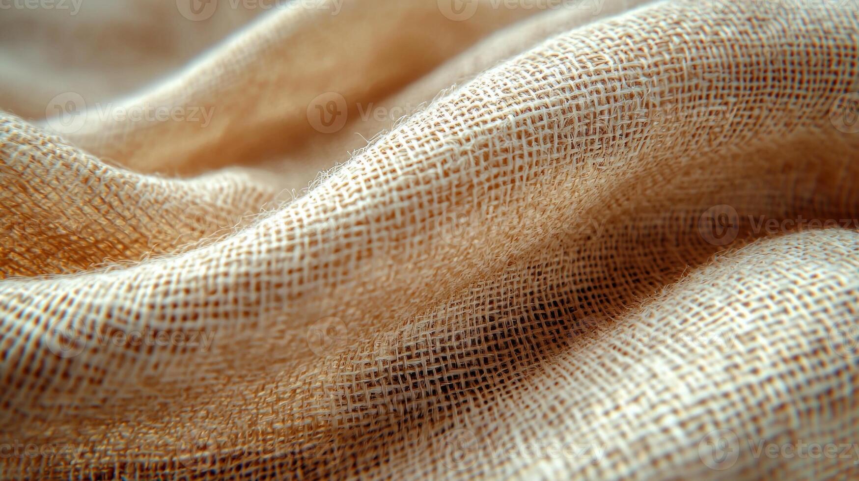 Light beige linen fabric displays gentle weave and visible fibers illuminated soft diffused lighting highlighting its organic texture. captures essence of natural materials photo