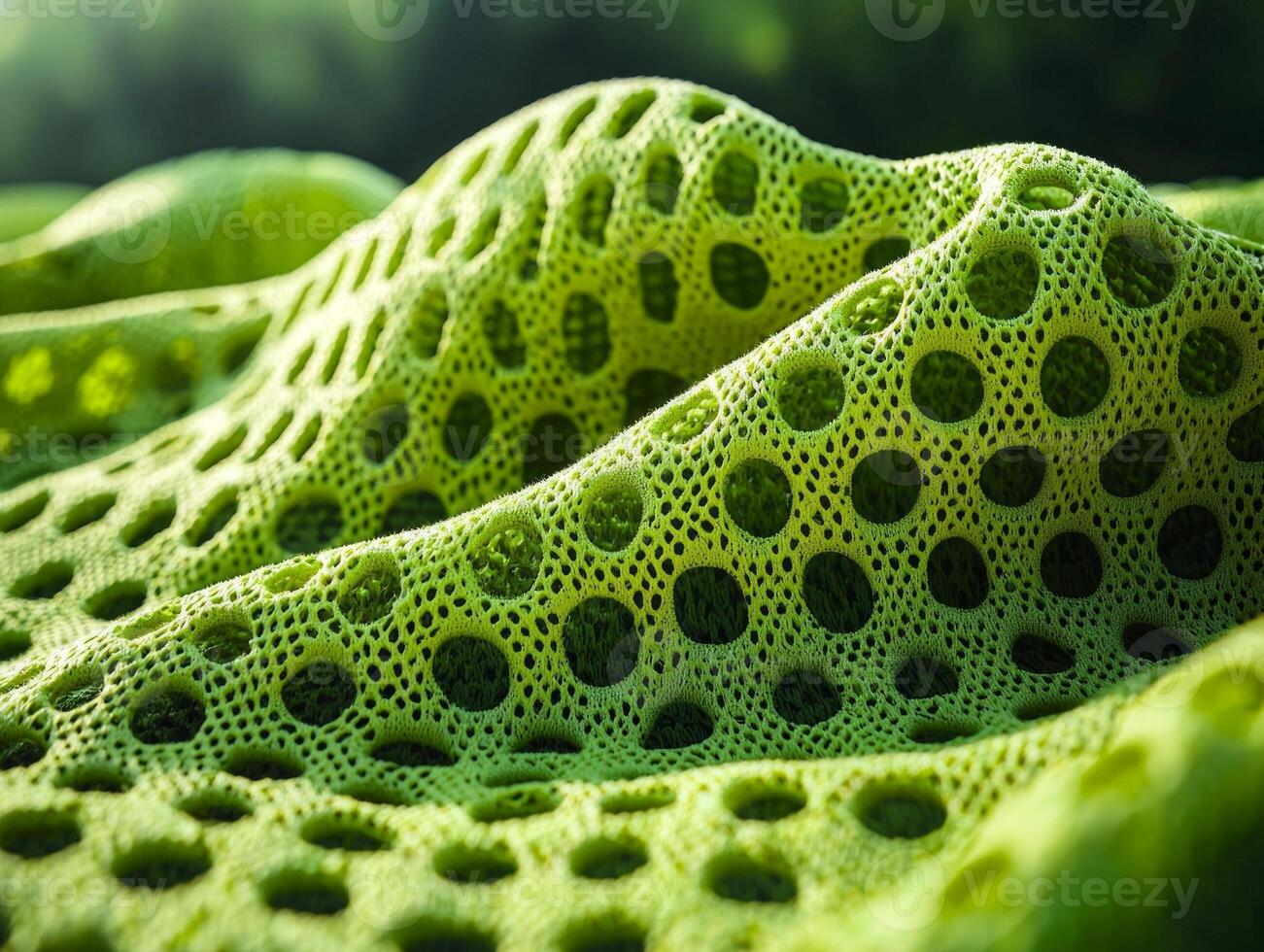 captivating macro shot illustrates synthetic mesh fabric striking neon green hue. open weave and elastic texture are highlighted dynamic lighting conveying sporty feel photo