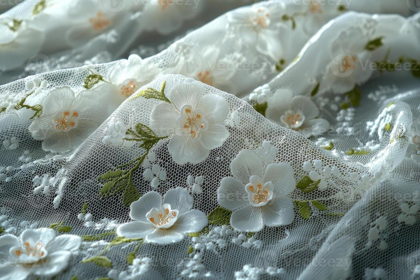 Intricate floral patterns of delicate white lace fabric are highlighted soft diffused lighting. translucent texture emphasizes fine craftsmanship and elegance in design photo