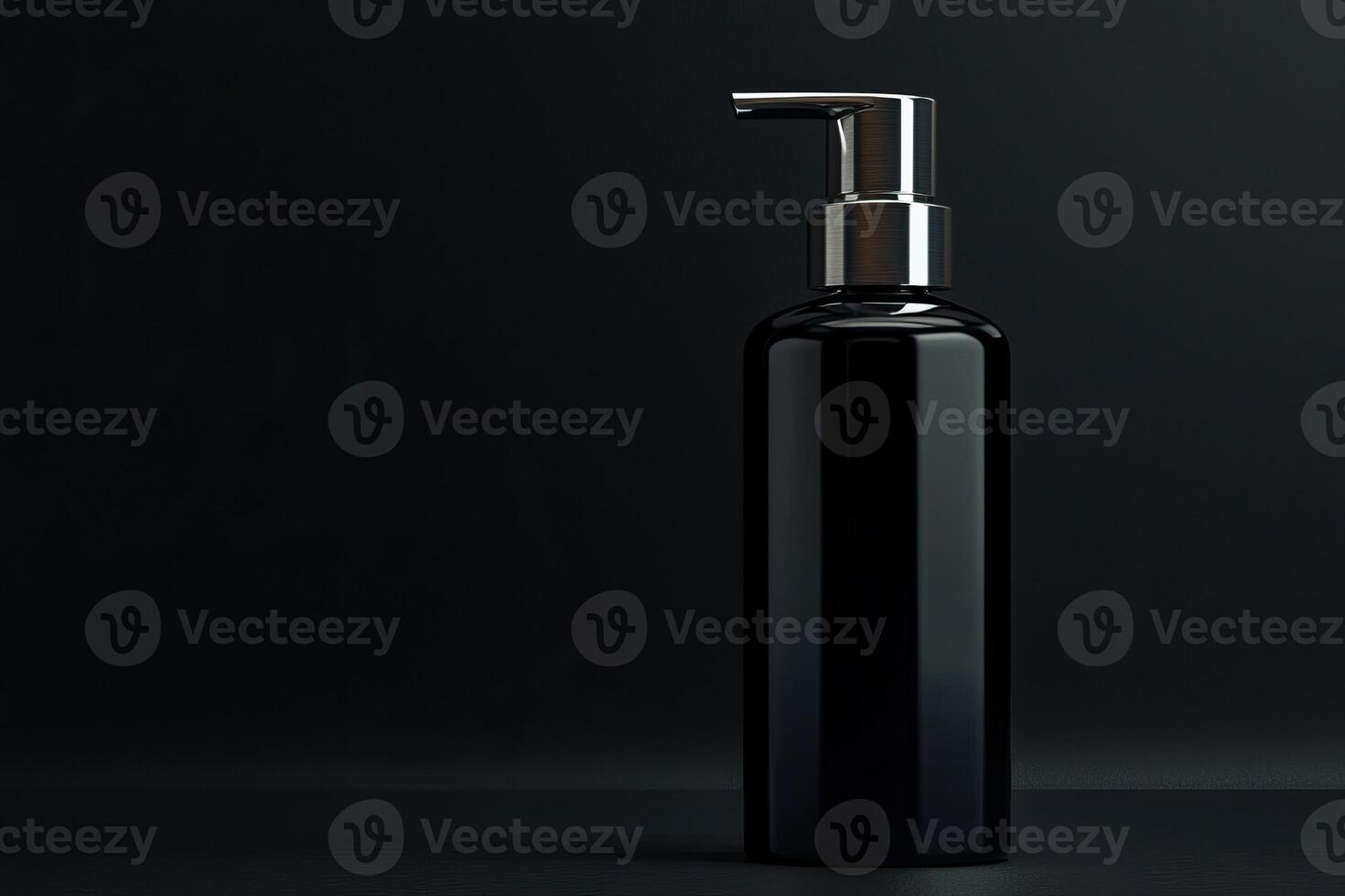 Sophisticated Spray Bottle Designs. A sleek black bottle with a pump sits against a dark background, exuding a modern and minimalist aesthetic. photo