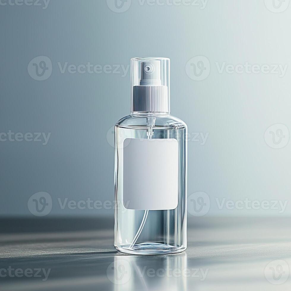 Sophisticated Spray Bottle Designs. A sleek, clear spray bottle sits on a smooth surface, featuring a blank label, ideal for various liquid products such as perfumes or sanitizers. photo