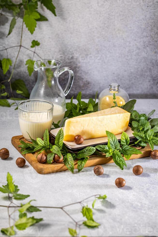Hard cheese, milk, macadamia nuts and mint leaves creating a flavorful composition photo