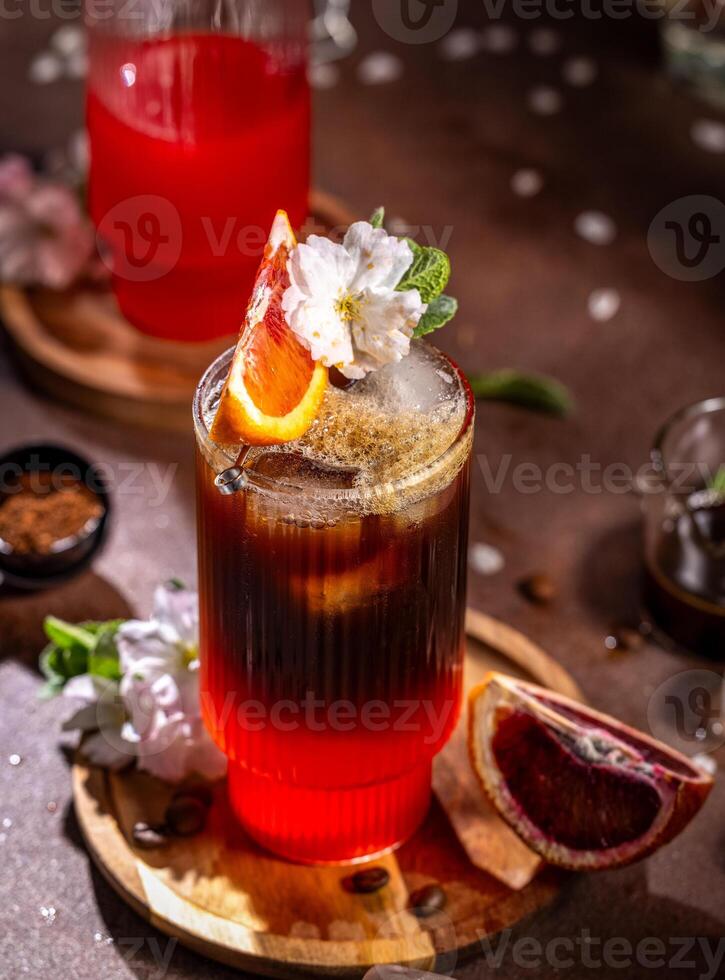 Refreshing iced coffee combining citrus and floral notes for summer delight photo