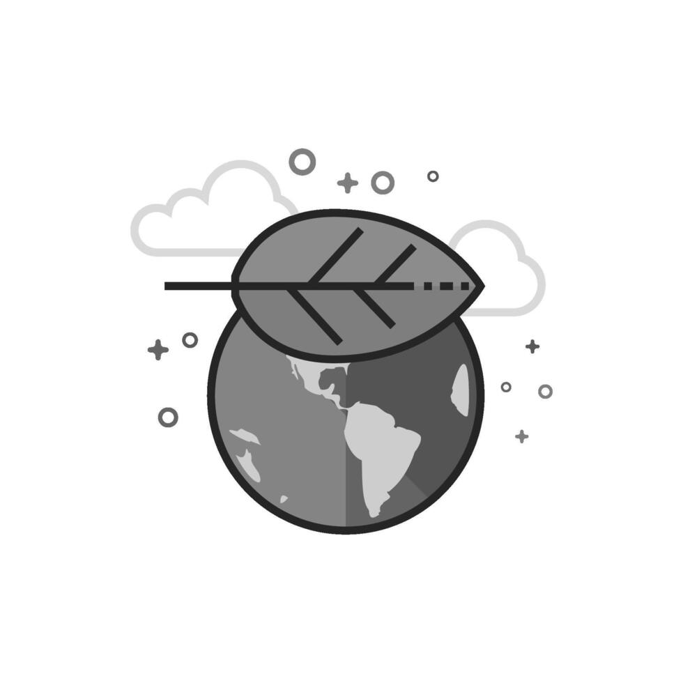 Globe with leaf icon in flat outlined grayscale style illustration vector