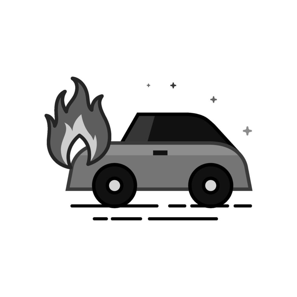 Car on fire icon in flat outlined grayscale style illustration vector