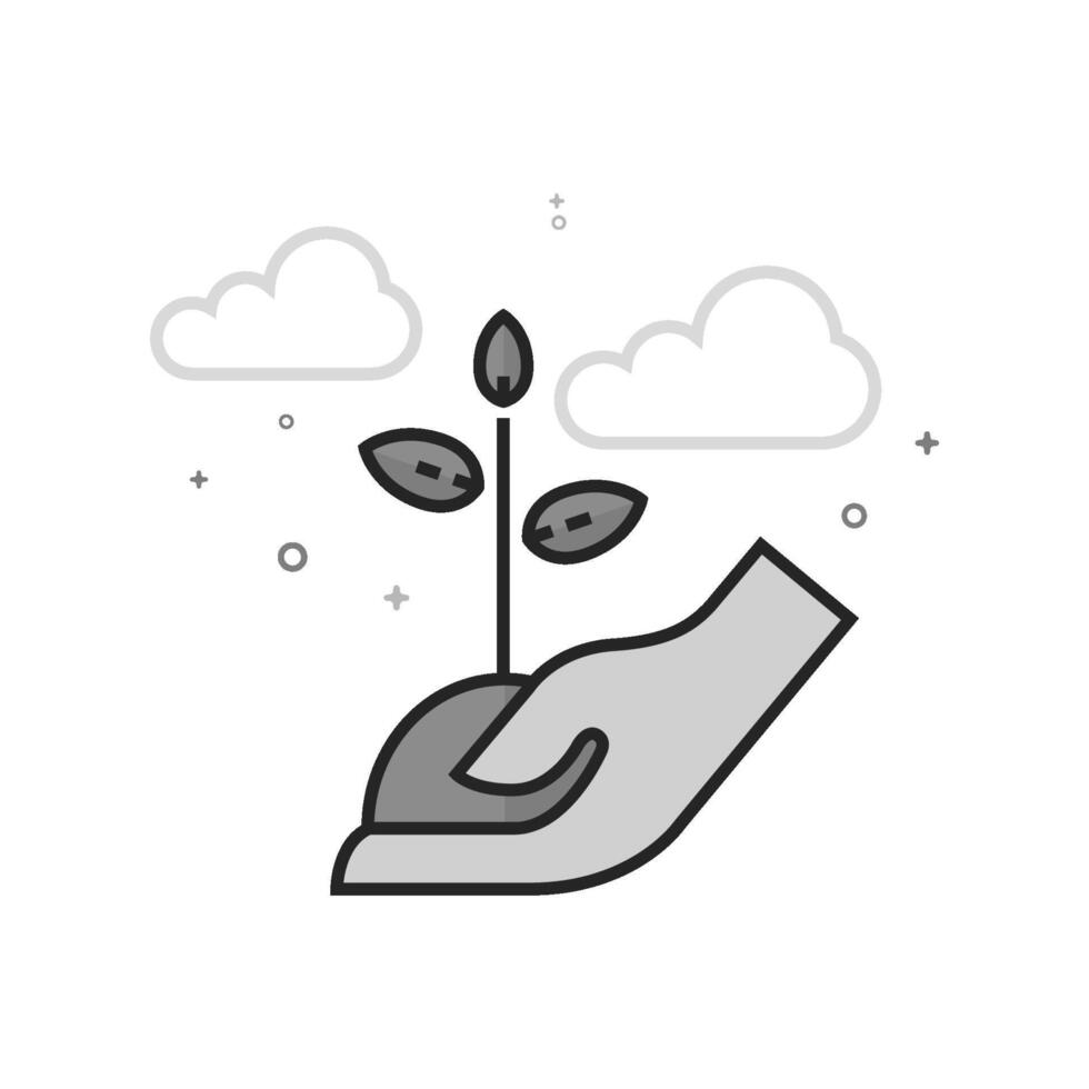 Hand holding tree icon in flat outlined grayscale style illustration vector