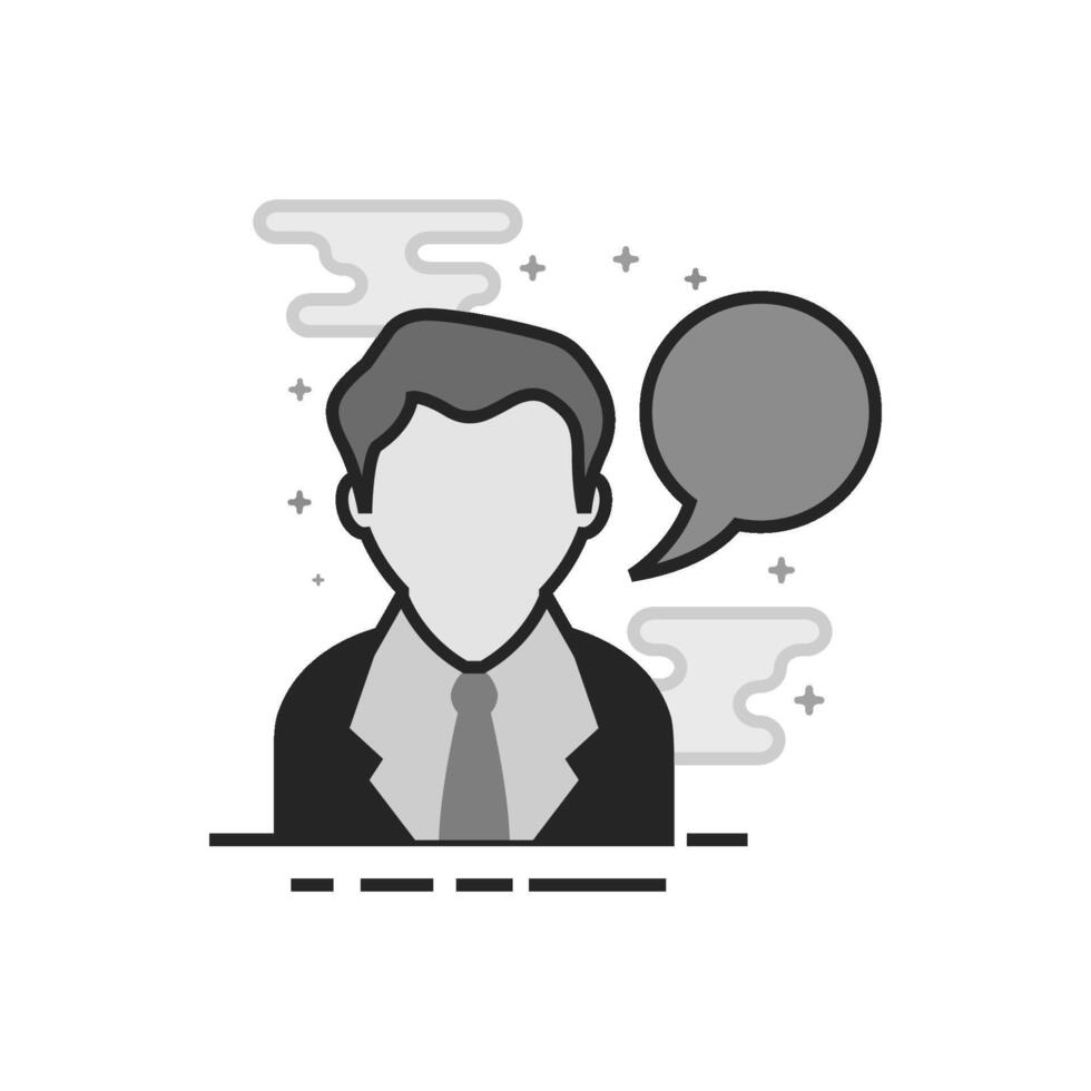 Businessman with talk bubble icon in flat outlined grayscale style illustration vector