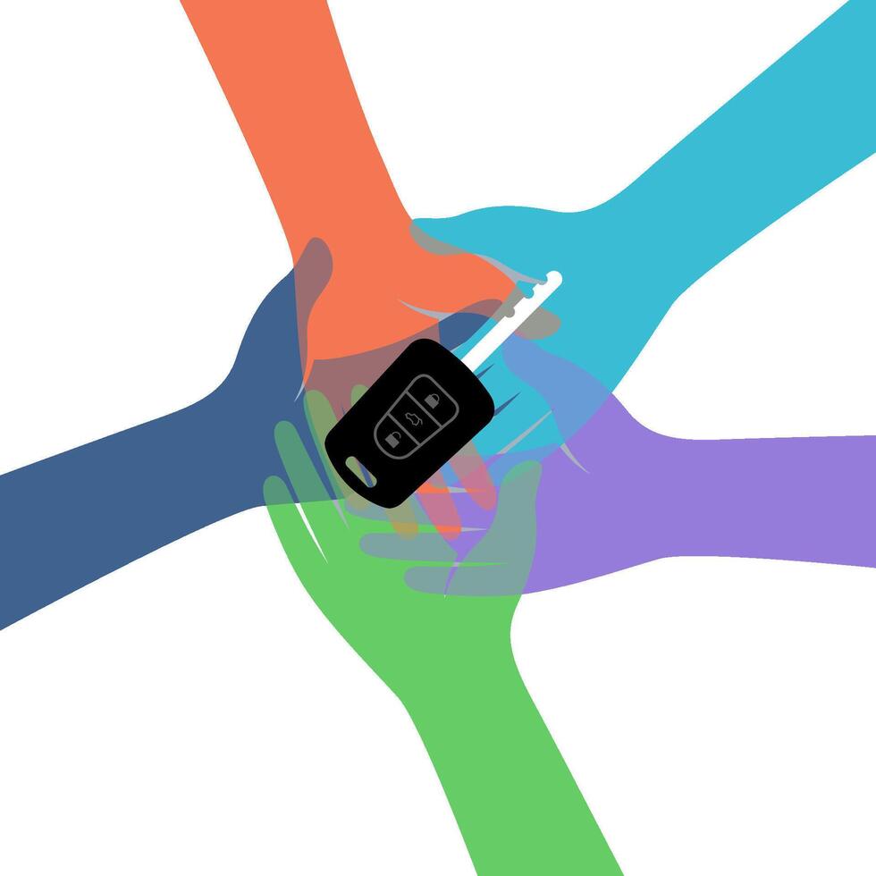 Group of hands and a vehicle key. Car sharing concept illustration vector
