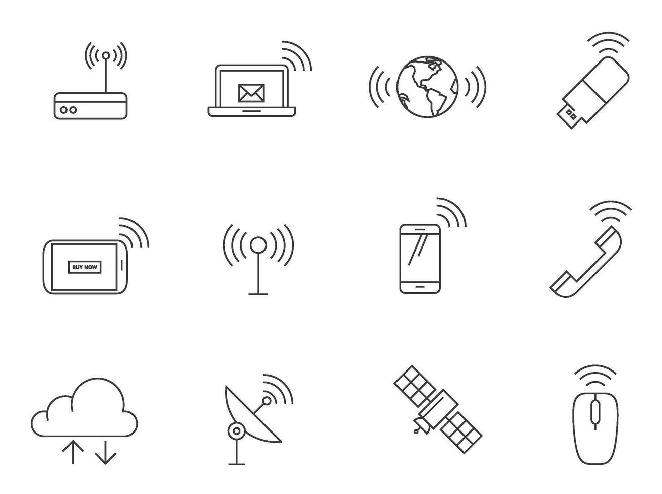 Wireless technology icon series in thin outlines. vector