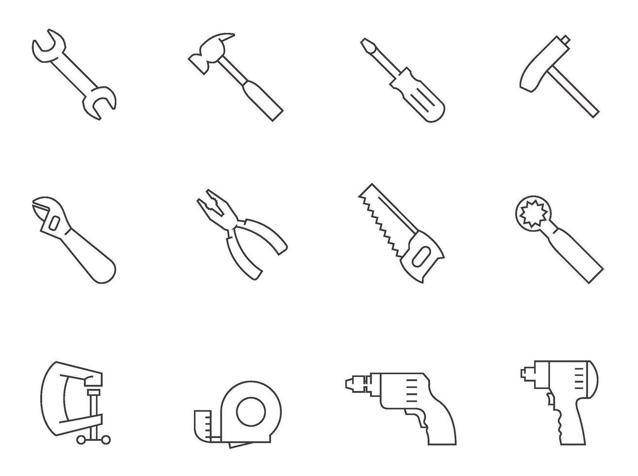 Hand tools icon series in thin outlines illustration vector