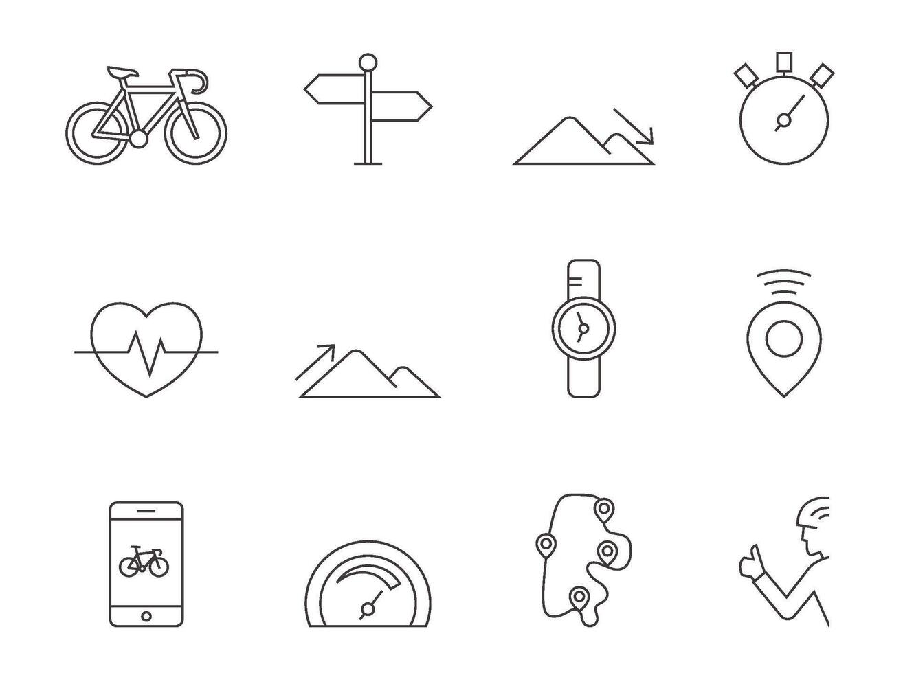 Cycling icons in thin outlines. Cycling apps for smart phone. vector