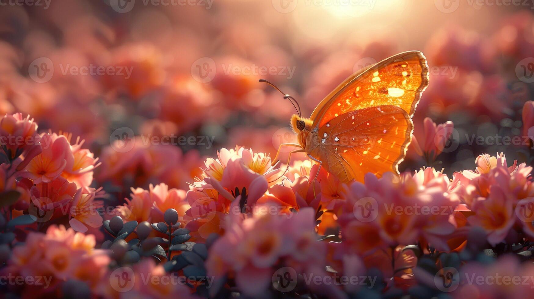 Golden-winged butterfly rests on pink blossoms in setting sun photo