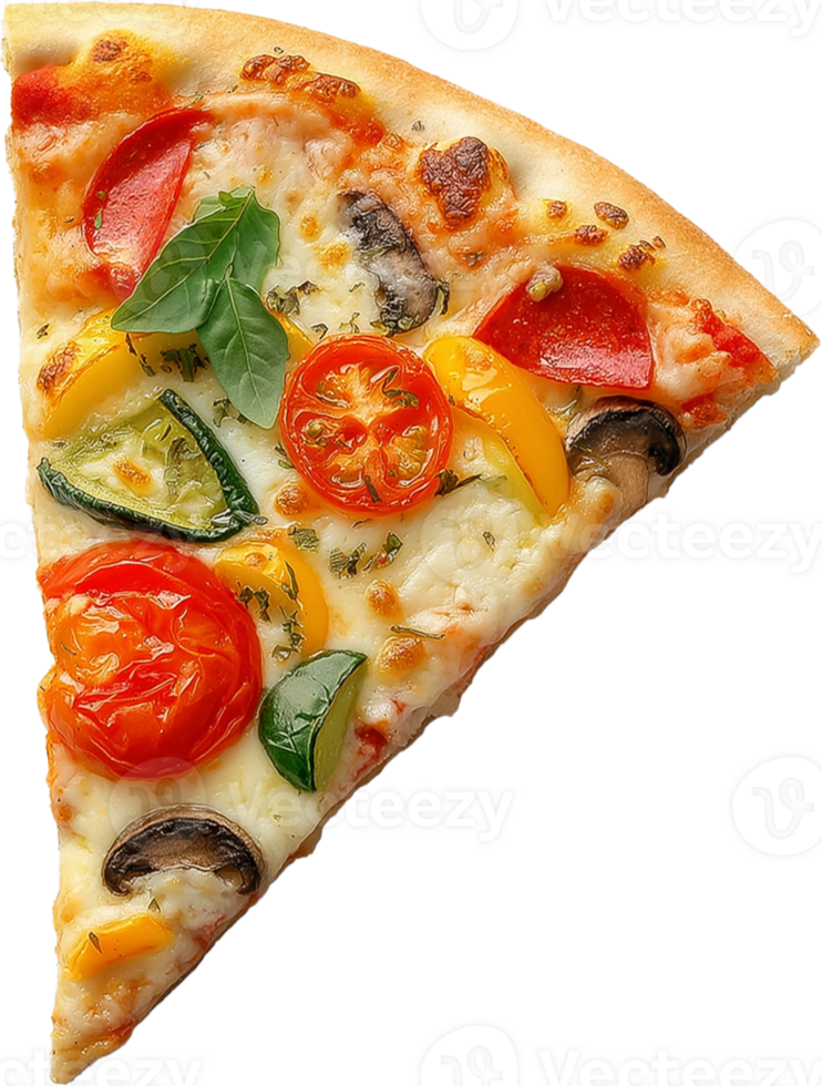 Close-up of Hot Pizza Slice with Veggies and Cheese png