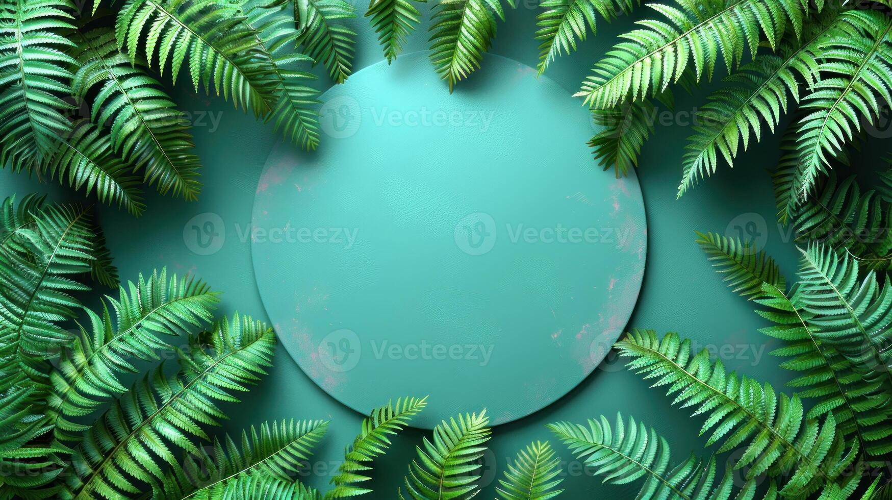 Fern leaves framing a round, teal surface photo
