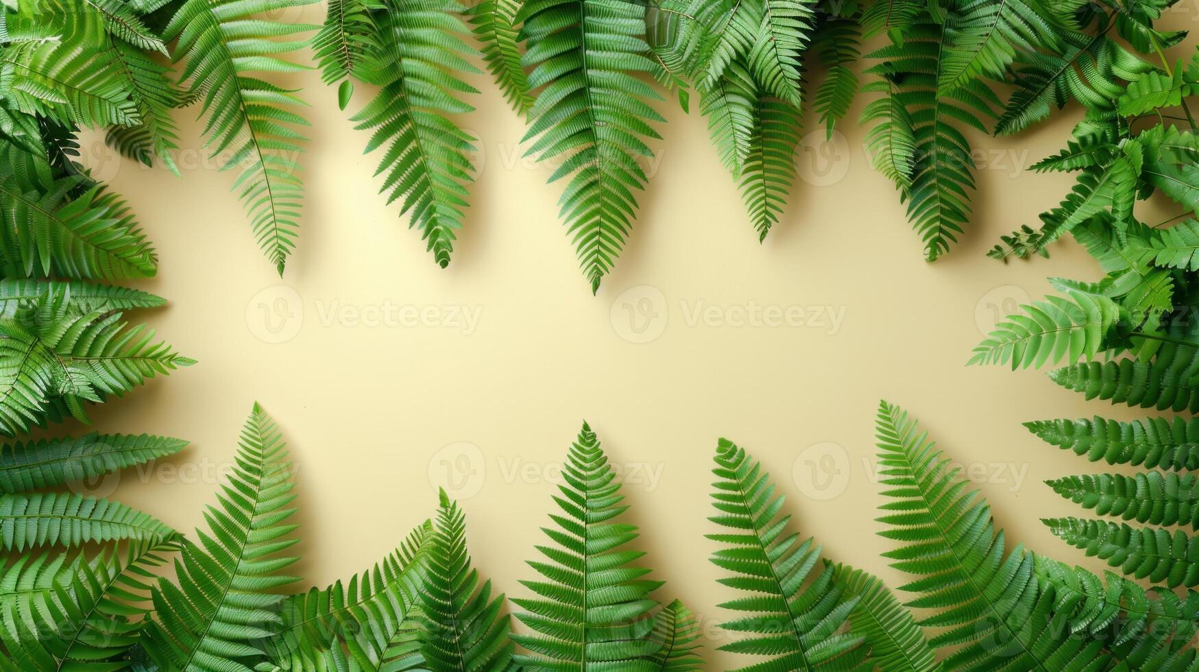 Lush green ferns create a natural frame around a soft beige background photo