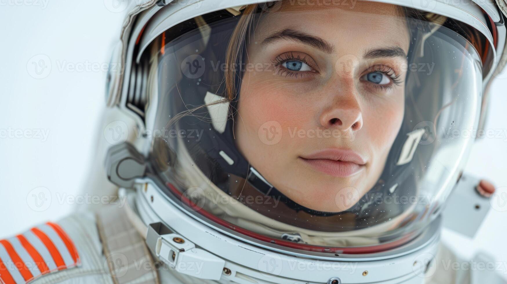 A close-up of a female astronauts face peering through her helmet visor photo