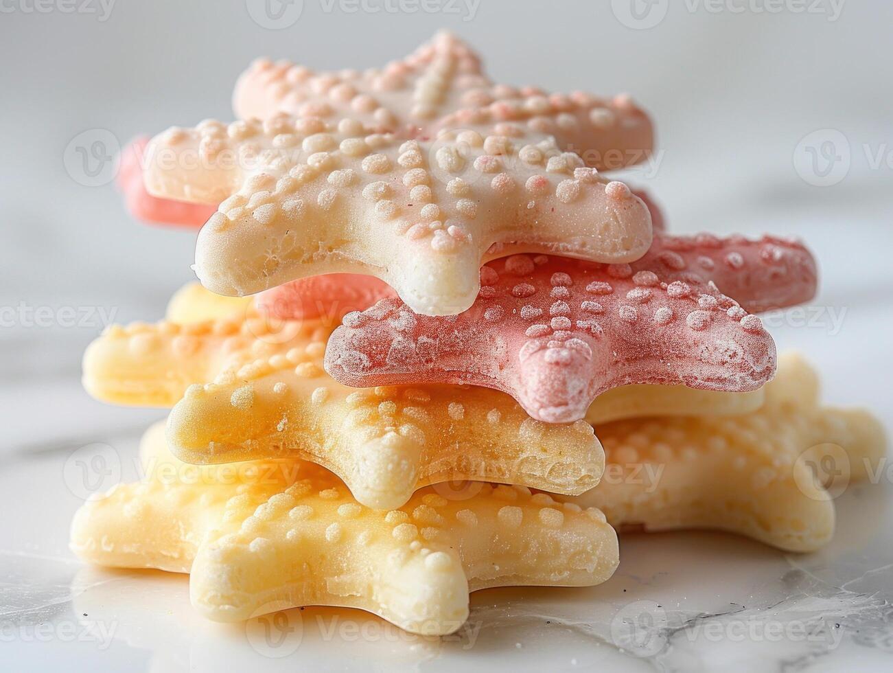 Close-up shot of colorful sea star shaped candies stacked on a marble countertop photo
