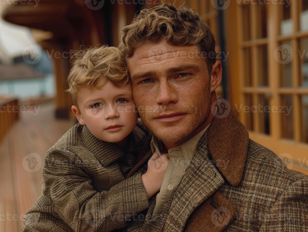 A father and son share a loving embrace on a wooden deck photo