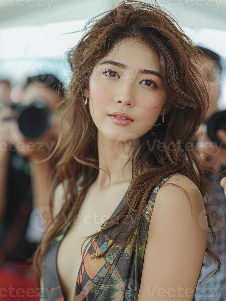 A woman in a patterned dress looks at the camera with a gentle expression photo