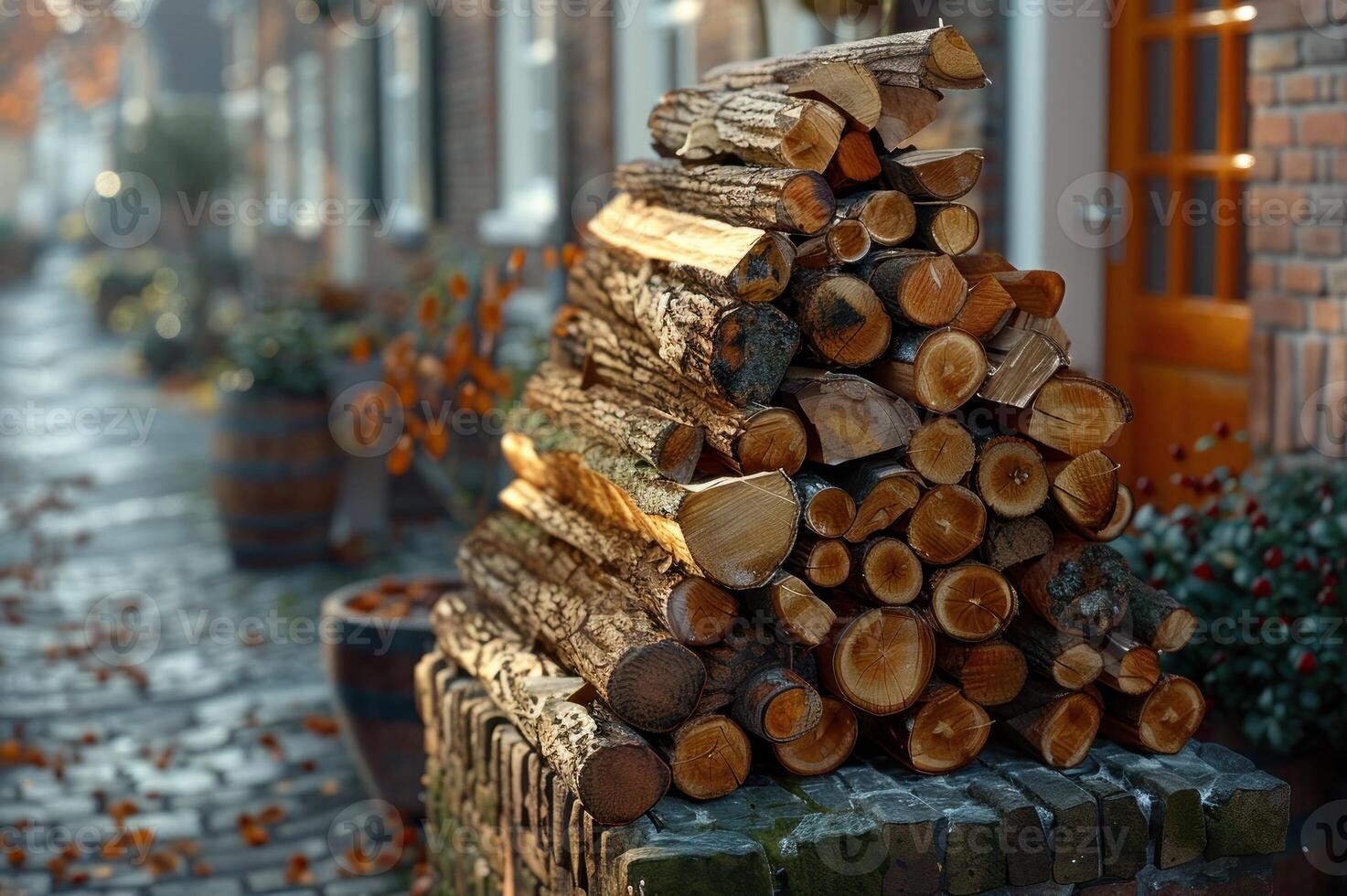 A neatly stacked pile of firewood sits outside a building, ready for winter photo
