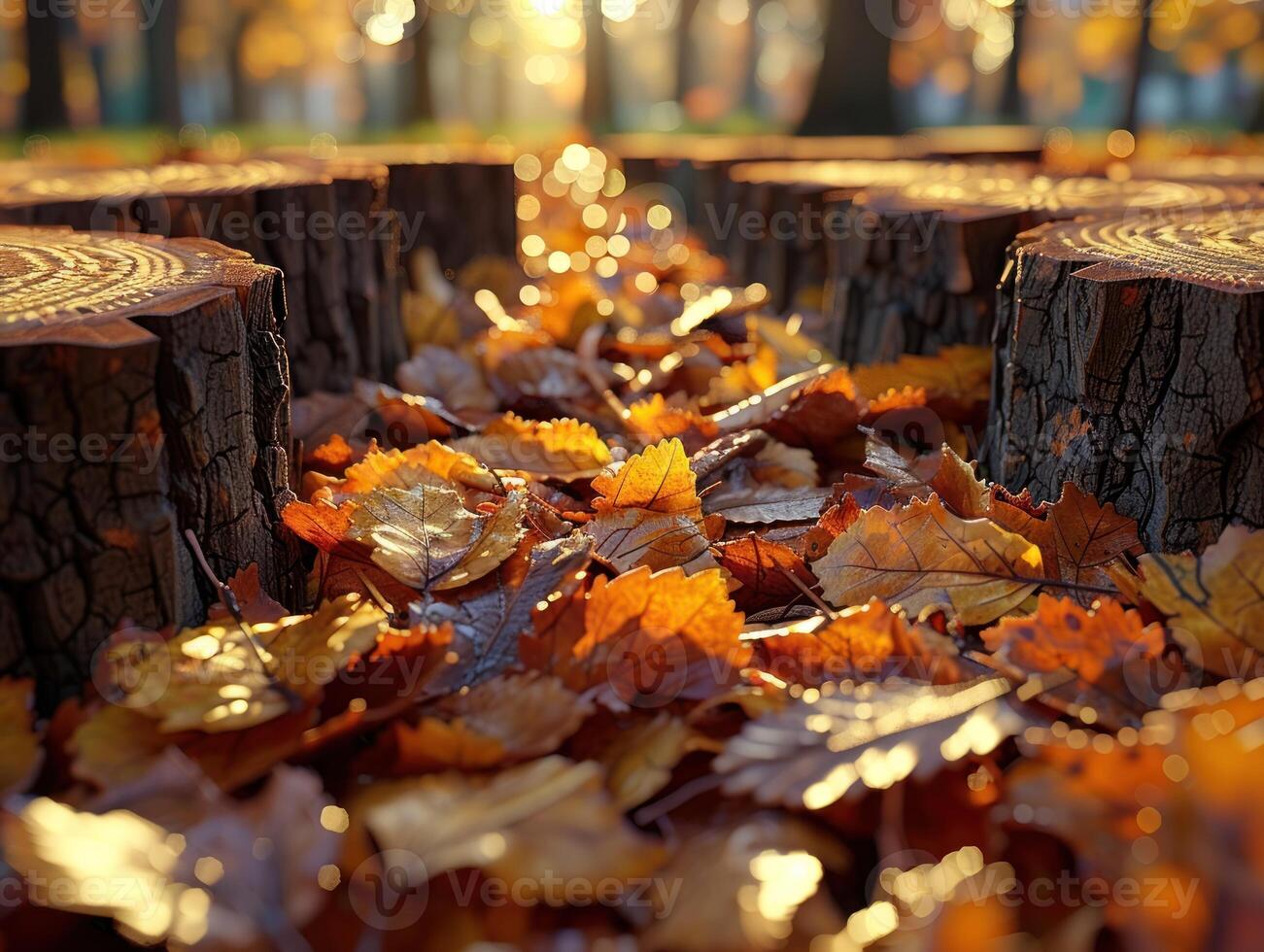 Fallen autumn leaves blanket the ground around tree stumps photo