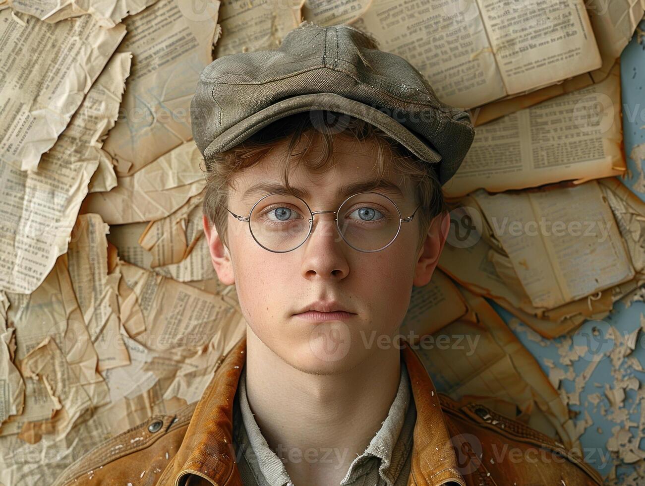 A young man with glasses and a cap stares intently, surrounded by pages from old books photo