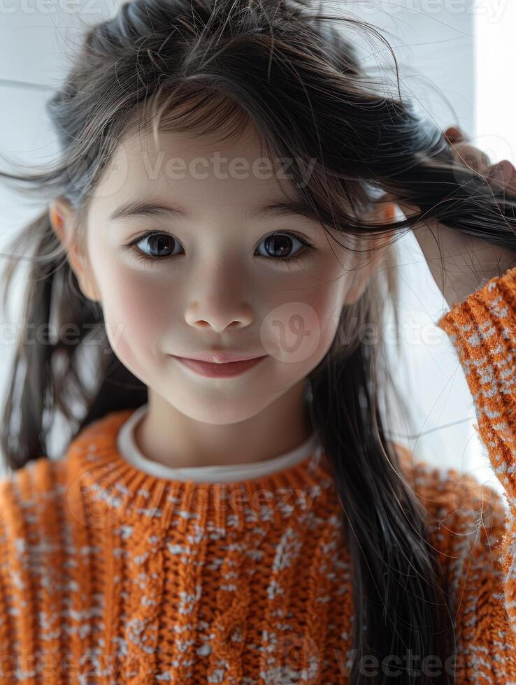 A close-up portrait of a young girl with long black hair and a soft smile photo