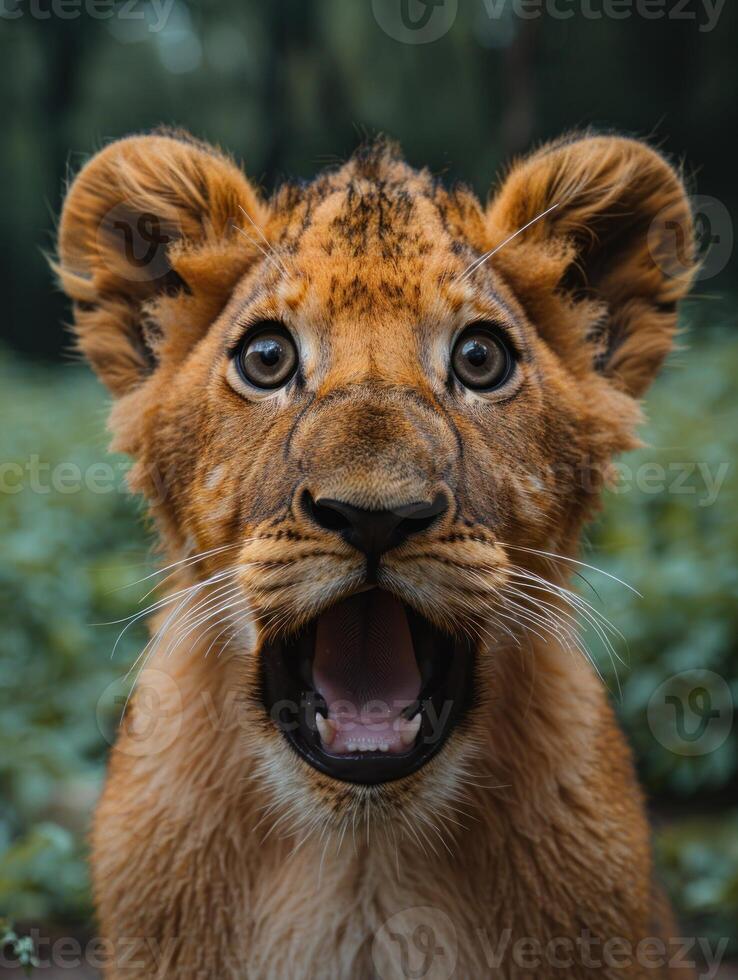 A close-up of a lion cub with its mouth wide open in a surprised yawn photo