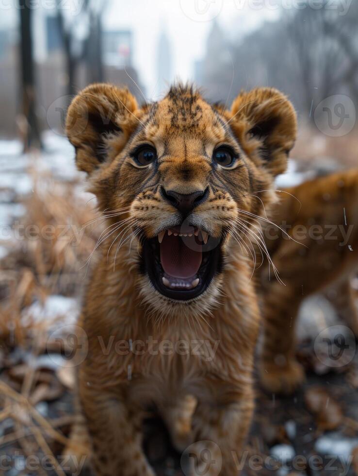 A close-up shot of a lion cub roaring in the snow photo