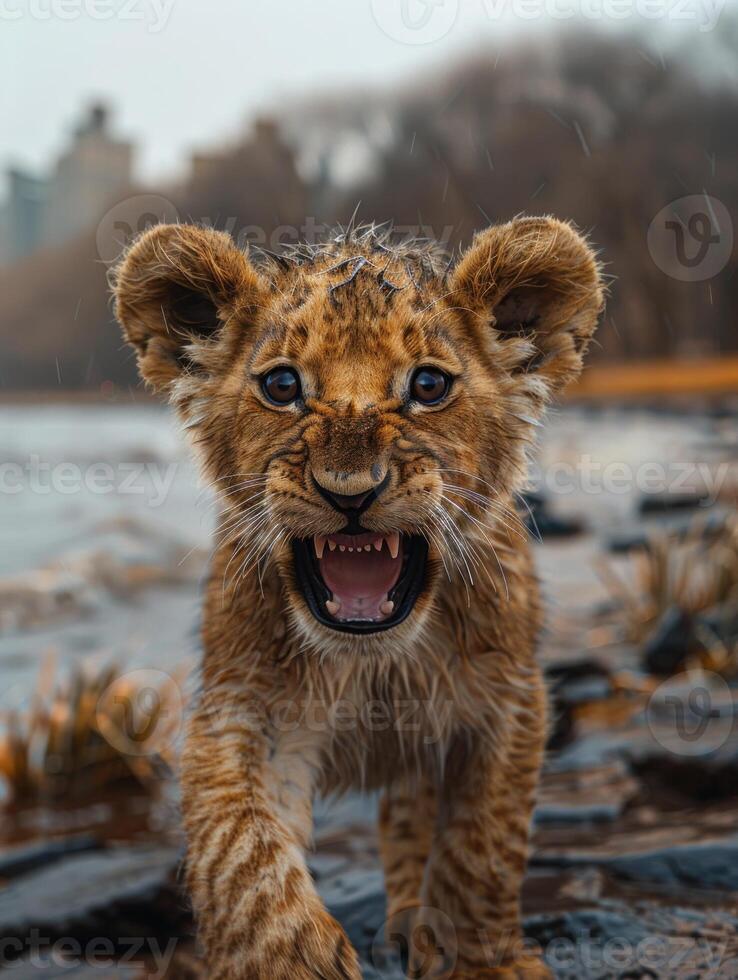 A lion cub, wet from the rain, stares intently with its mouth open in a fierce roar photo